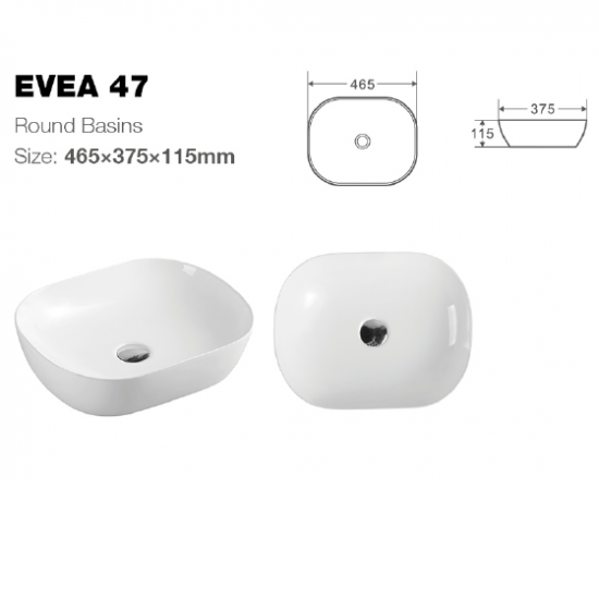 465x375x115mm Bathroom Oval Above Counter White Ceramic Wash Basin